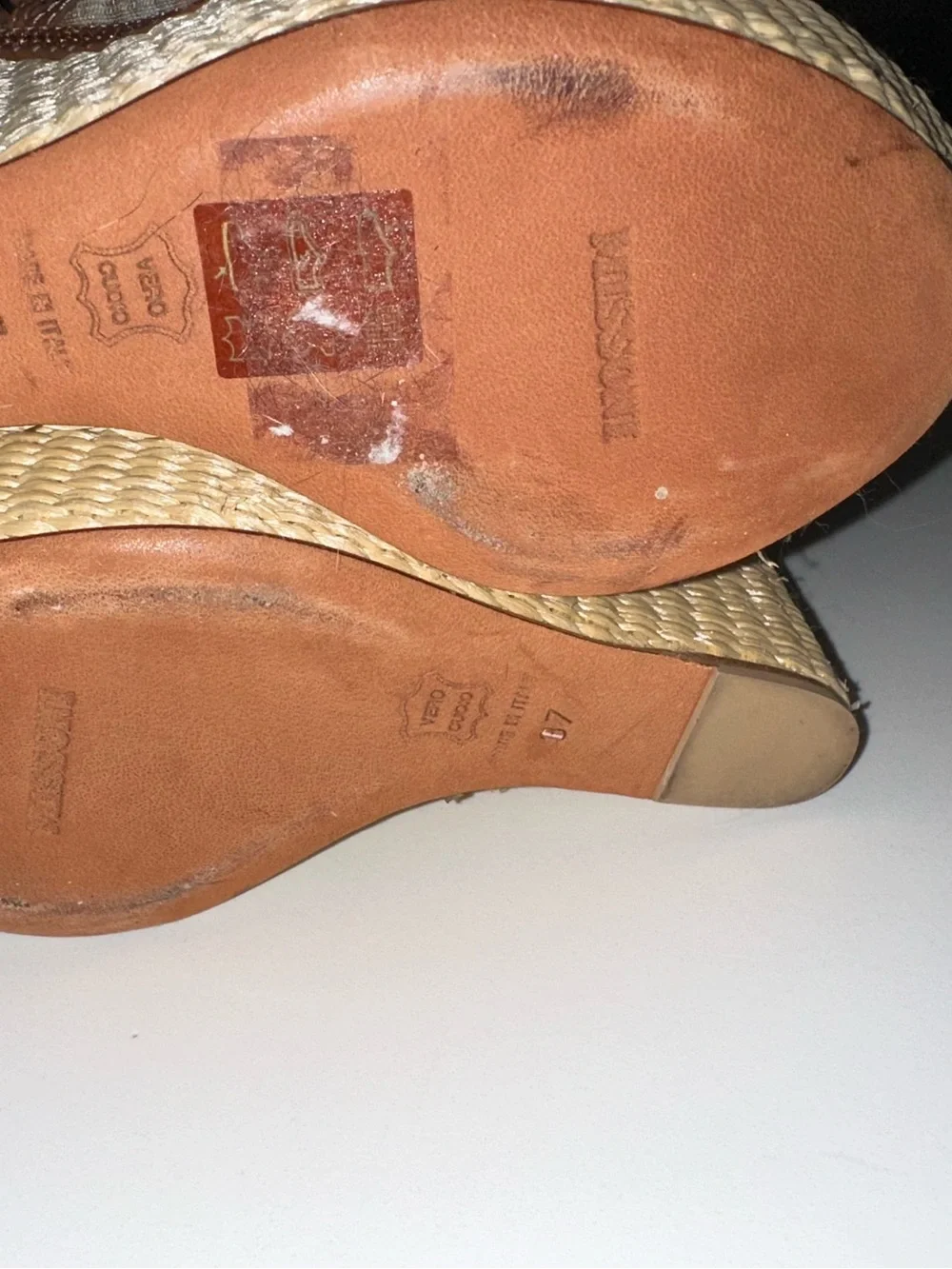 MISSONI 70s style 6” striped fabric leather raffia platform wedge boho sandals